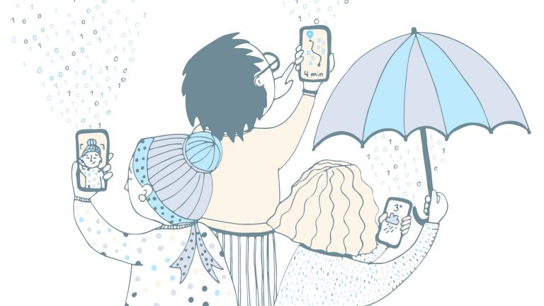 people on mobile devices surrounded by data